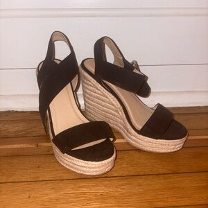 Black suede espadrille wedge heels. Brand new.